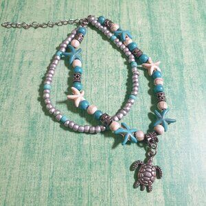 Faux Turquoise Silver Tone Beaded Bracelet Starfish Turtle Beach Core Ankle